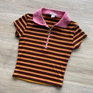 Rue 21 Y2K Retro Women's XS Brown &  Pink Striped Cropped Polo Shirt 70's Twee